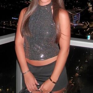 Blashe iridescent black and rose gold open upper back Halter Top